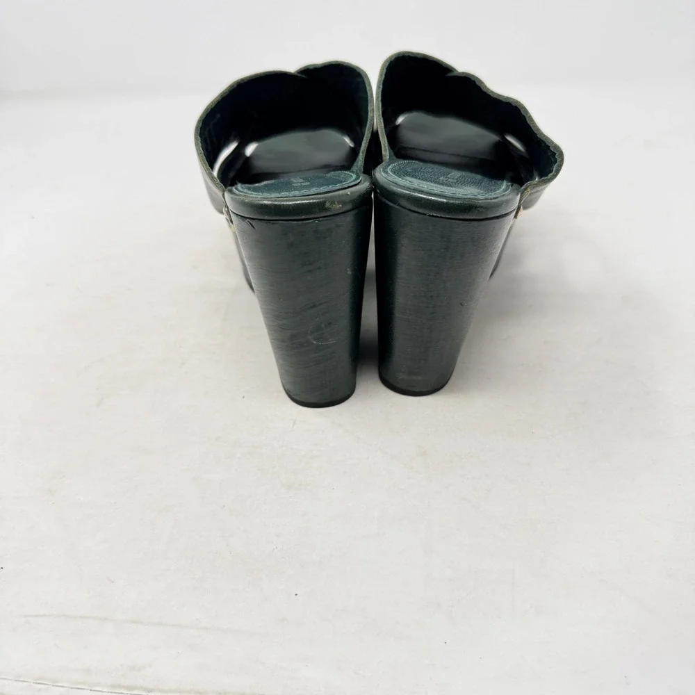 Uterque‎ Green Leather Platform Clog Sandals Studded Wood Heel EU 38 US 8